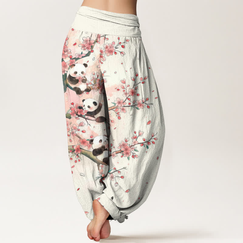 Buddha Stones Cotton Panda Sakura Blossom Pattern Women's Elastic Waist Harem Pants - image 2