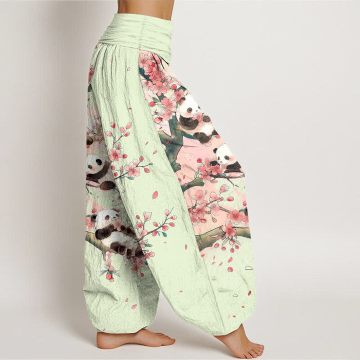 Buddha Stones Cotton Panda Sakura Blossom Pattern Women's Elastic Waist Harem Pants - image 6