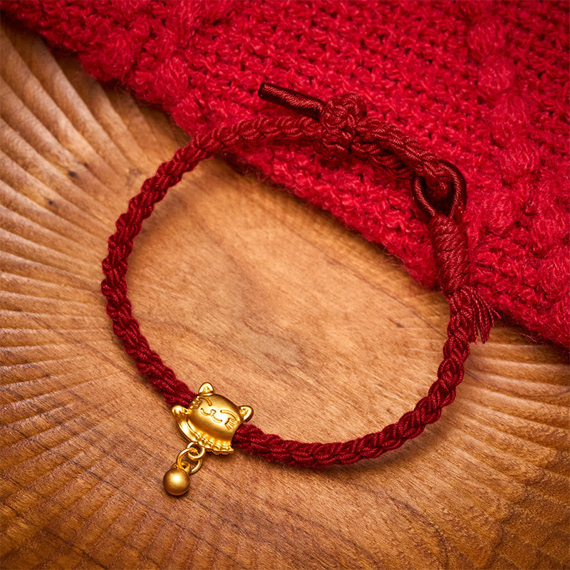 Buddha Stones Tibetan Red String Copper Lucky Cat Drop Ball Pendant Hand-Woven Protection Bracelet - image 1