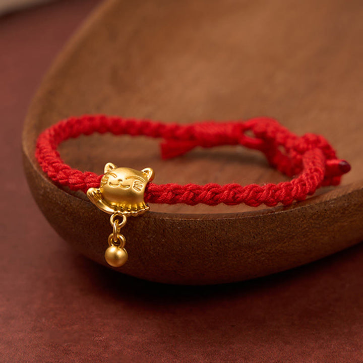 Buddha Stones Tibetan Red String Copper Lucky Cat Drop Ball Pendant Hand-Woven Protection Bracelet - Red (Wrist Circumference 15-17cm) - image 10