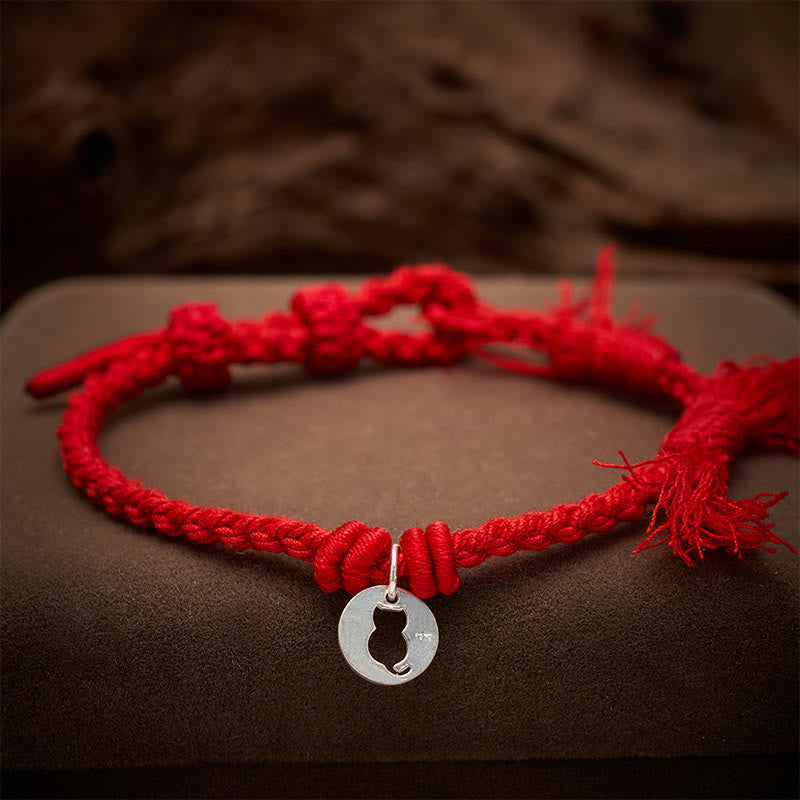 Buddha Stones 925 Sterling Silver Red String Protection Cat Round Hollow Design Charm Bracelet - image 3