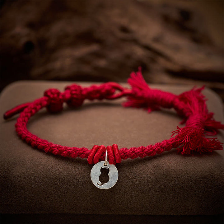 Buddha Stones 925 Sterling Silver Red String Protection Cat Round Hollow Design Charm Bracelet - image 13