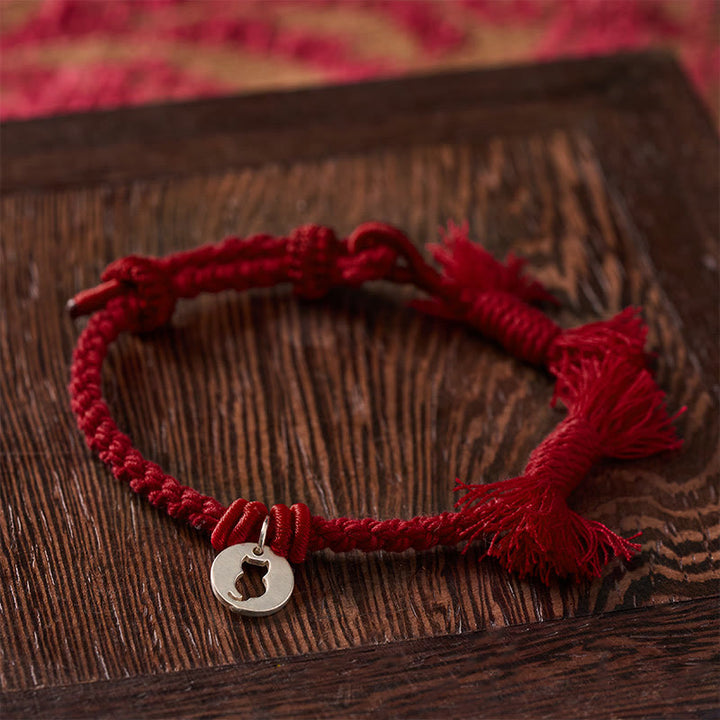 Buddha Stones 925 Sterling Silver Red String Protection Cat Round Hollow Design Charm Bracelet - image 12