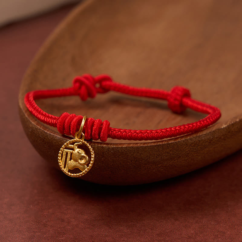 Buddha Stones Elephant Fu Character Gold Plated Copper Red String Wealth Bracelet - image 2