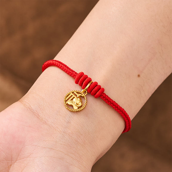 Buddha Stones Elephant Fu Character Gold Plated Copper Red String Wealth Bracelet - image 5