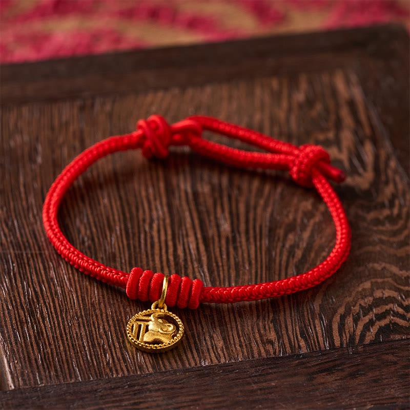 Buddha Stones Elephant Fu Character Gold Plated Copper Red String Wealth Bracelet - image 3