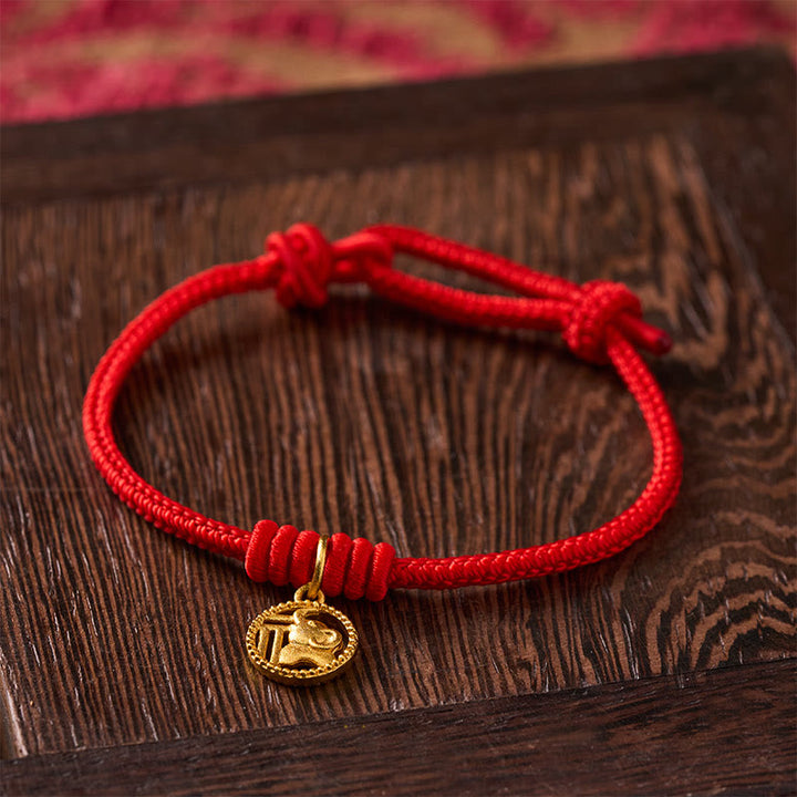 Buddha Stones Elephant Fu Character Gold Plated Copper Red String Wealth Bracelet - image 3