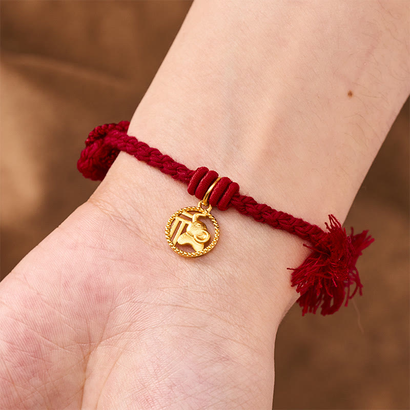 Buddha Stones Elephant Fu Character Gold Plated Copper Red String Balance Tibet Bracelet - image 16