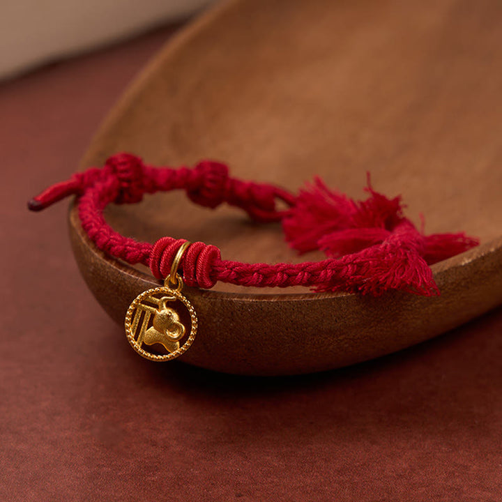 Buddha Stones Elephant Fu Character Gold Plated Copper Red String Balance Tibet Bracelet - image 12