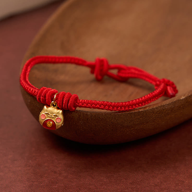 Buddha Stones Gold Plated 925 Sterling Silver Cat Red String Protection Bracelet - image 1