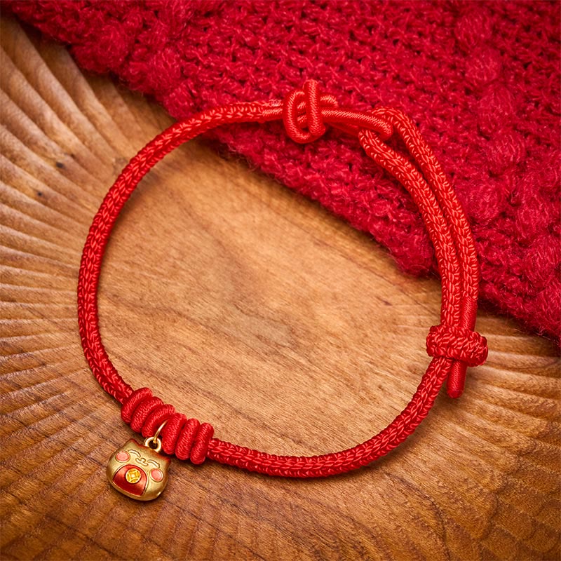 Buddha Stones Gold Plated 925 Sterling Silver Cat Red String Protection Bracelet - Red(Wrist Circumference 15-18cm) - image 0