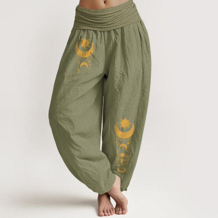 Buddha Stones Pure Cotton Golden Crescent Moon Stars Pattern Women's Elastic Waist Harem Pants - OliveDrab - US16，UK/AU20，EU48 (3XL) - image 11
