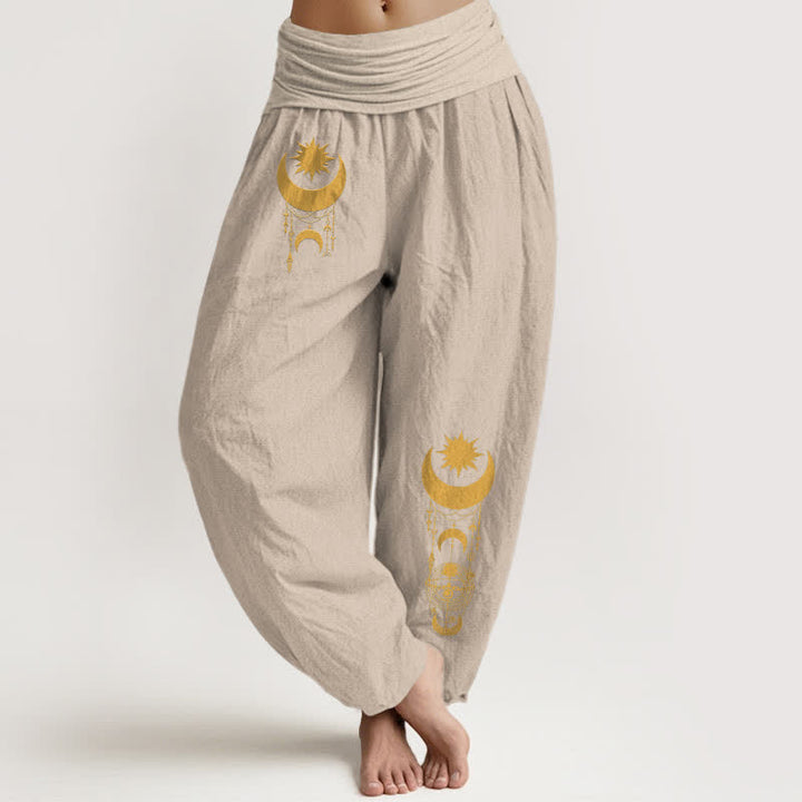 Buddha Stones Pure Cotton Golden Crescent Moon Stars Pattern Women's Elastic Waist Harem Pants - Tan - US16，UK/AU20，EU48 (3XL) - image 14