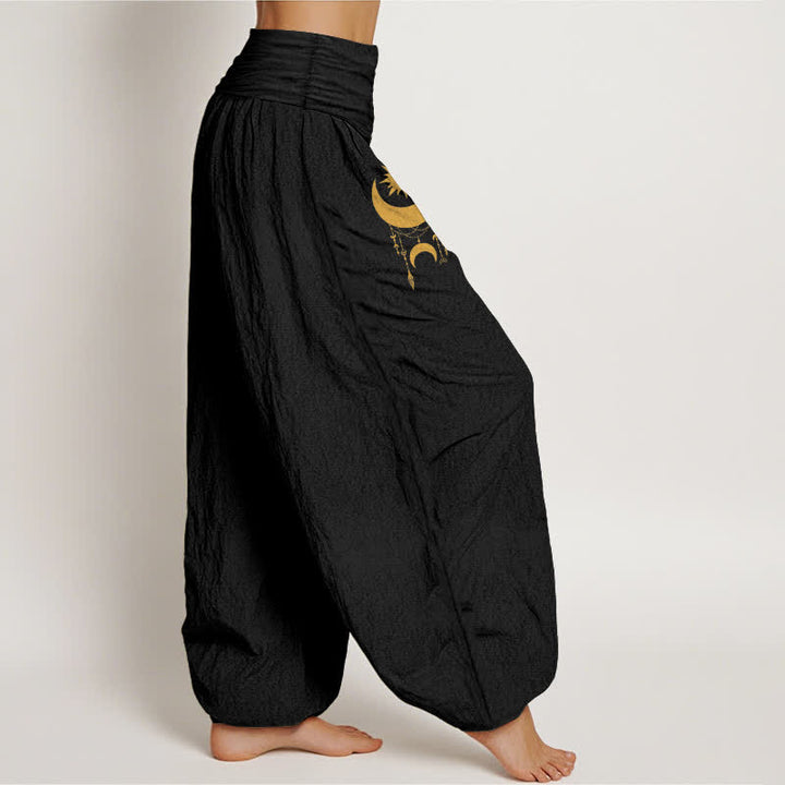 Buddha Stones Pure Cotton Golden Crescent Moon Stars Pattern Women's Elastic Waist Harem Pants - image 6