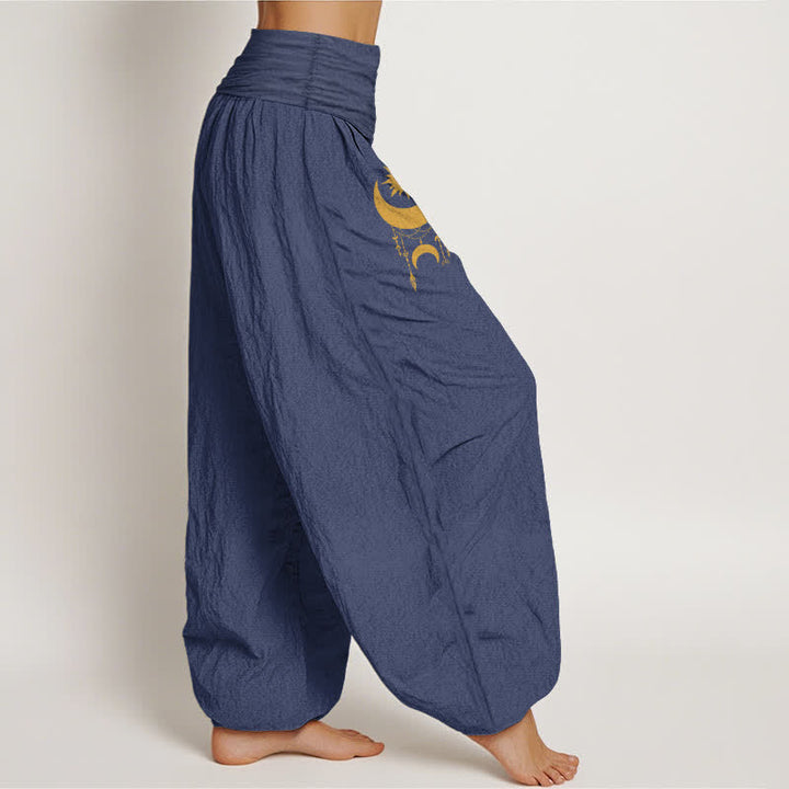 Buddha Stones Pure Cotton Golden Crescent Moon Stars Pattern Women's Elastic Waist Harem Pants - image 9
