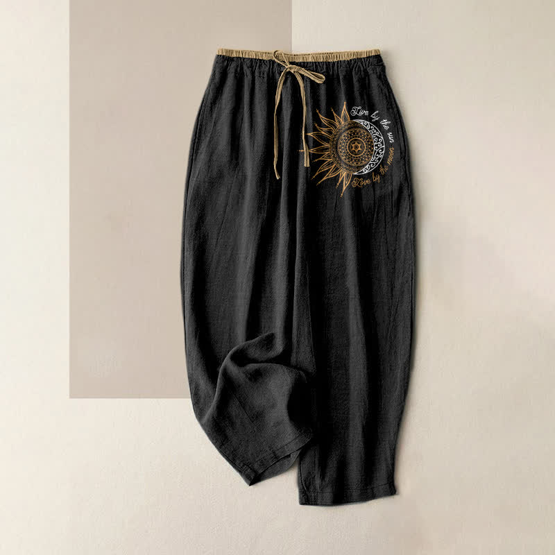 Buddha Stones Pure Cotton Sun and Moon Mandala Pattern Women's Elastic Waist Pants With Pockets - Black - US16，UK/AU20，EU48 (3XL) - image 0