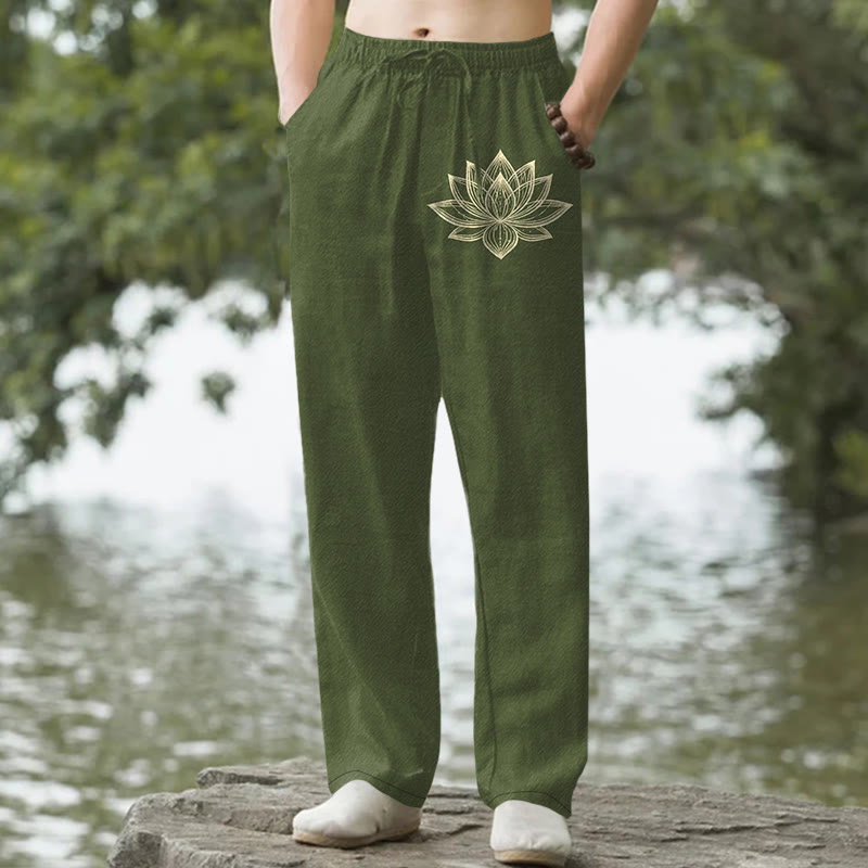 Buddha Stones Cotton Golden Lotus Pattern Men's Tapered Pants With Pockets - DarkOliveGreen - US/UK/AU50，EU60 (5XL) - image 4