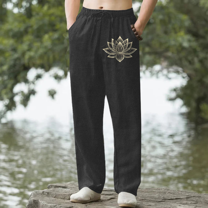 Buddha Stones Cotton Golden Lotus Pattern Men's Tapered Pants With Pockets - Black - US/UK/AU50，EU60 (5XL) - image 6