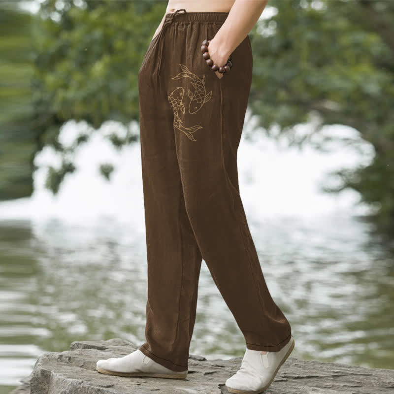 Buddha Stones Cotton Golden Koi Pattern Men's Tapered Pants With Pockets - image 7