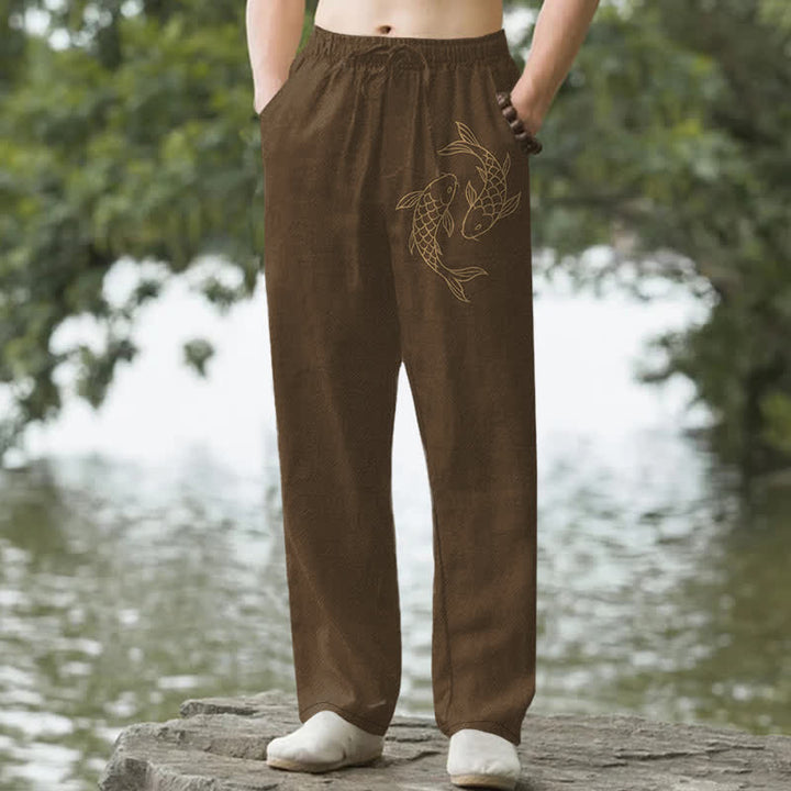 Buddha Stones Cotton Golden Koi Pattern Men's Tapered Pants With Pockets - SaddleBrown - US/UK/AU50，EU60 (5XL) - image 6