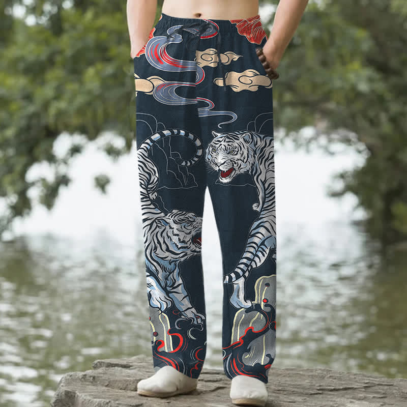Buddha Stones Cotton White Tiger Cloud Pattern Men's Tapered Pants With Pockets - Navy - US/UK/AU50，EU60 (5XL) - image 4