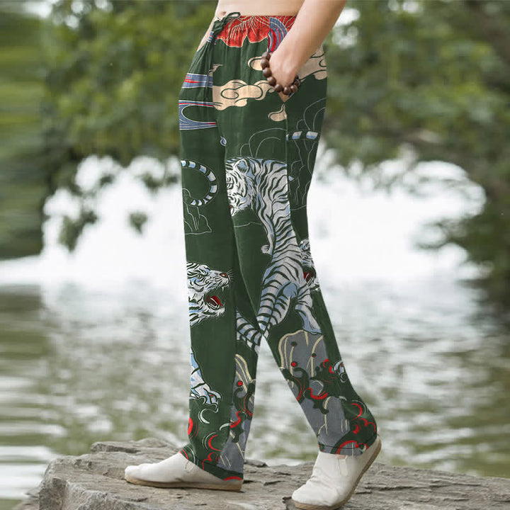 Buddha Stones Cotton White Tiger Cloud Pattern Men's Tapered Pants With Pockets - image 7