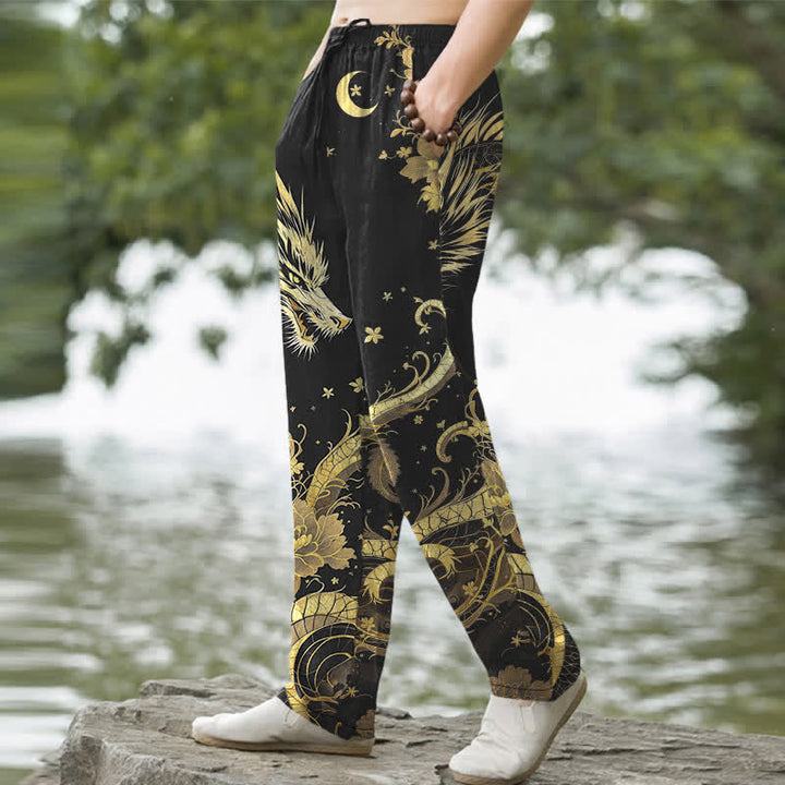 Buddha Stones Cotton Golden Dragon Cloud Pattern Men's Tapered Pants With Pockets - image 1
