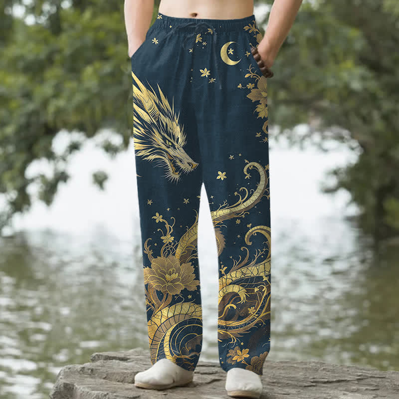 Buddha Stones Cotton Golden Dragon Cloud Pattern Men's Tapered Pants With Pockets - Navy - US/UK/AU50，EU60 (5XL) - image 4