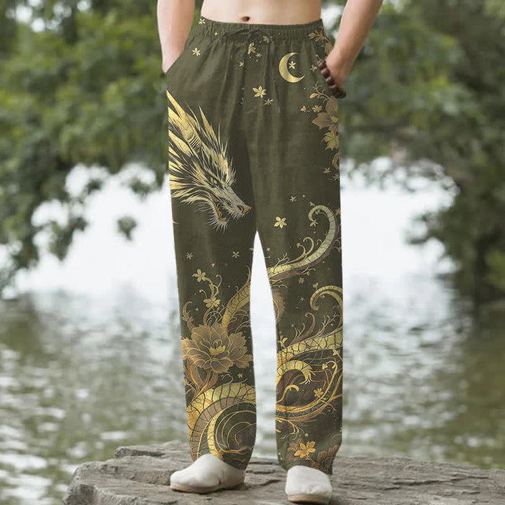 Buddha Stones Cotton Golden Dragon Cloud Pattern Men's Tapered Pants With Pockets - DarkOliveGreen - US/UK/AU50，EU60 (5XL) - image 6