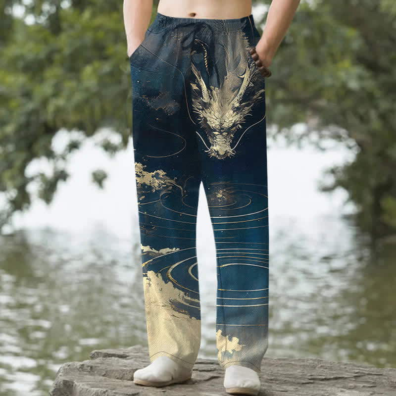 Buddha Stones Cotton Golden Dragon Wave Pattern Men's Tapered Pants With Pockets - Navy - US/UK/AU50，EU60 (5XL) - image 0