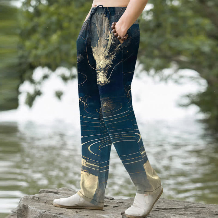 Buddha Stones Cotton Golden Dragon Wave Pattern Men's Tapered Pants With Pockets - image 1