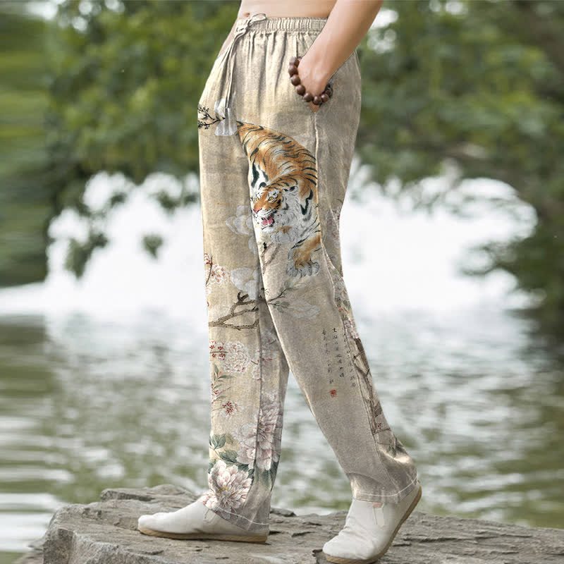 Buddha Stones Cotton Vintage Tiger Floral Ink Pattern Men's Tapered Pants With Pockets - image 1