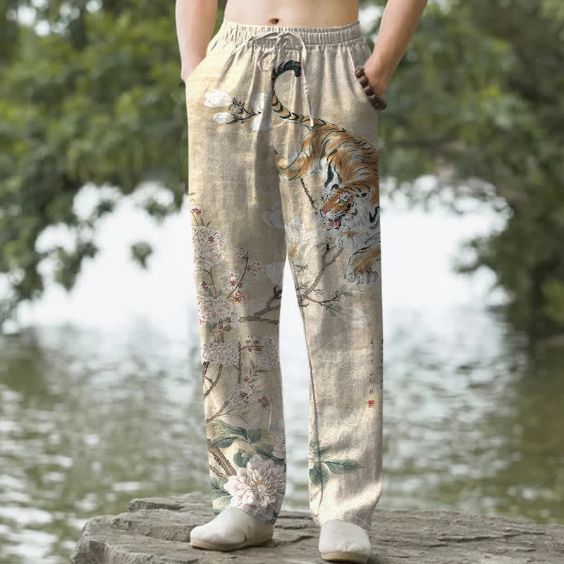 Buddha Stones Cotton Vintage Tiger Floral Ink Pattern Men's Tapered Pants With Pockets - Beige - US/UK/AU50，EU60 (5XL) - image 0