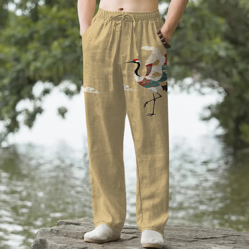 Buddha Stones Cotton White Crane Wave Pattern Men's Tapered Pants With Pockets - Tan - US/UK/AU50，EU60 (5XL) - image 4