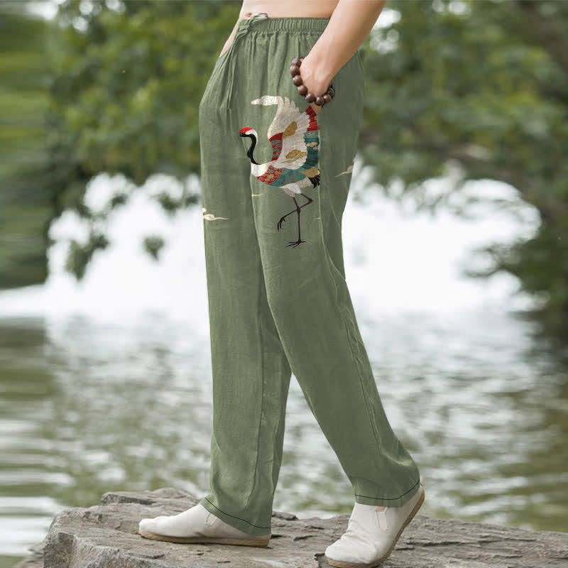 Buddha Stones Cotton White Crane Wave Pattern Men's Tapered Pants With Pockets - image 7
