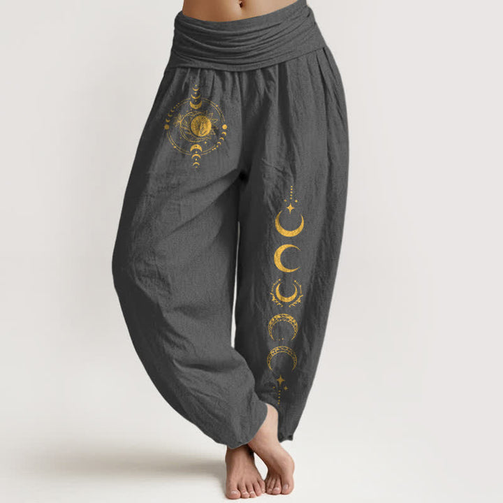 Buddha Stones Pure Cotton Golden Moon Phase Pattern Women's Elastic Waist Harem Pants - DimGray - US16，UK/AU20，EU48 (3XL) - image 5
