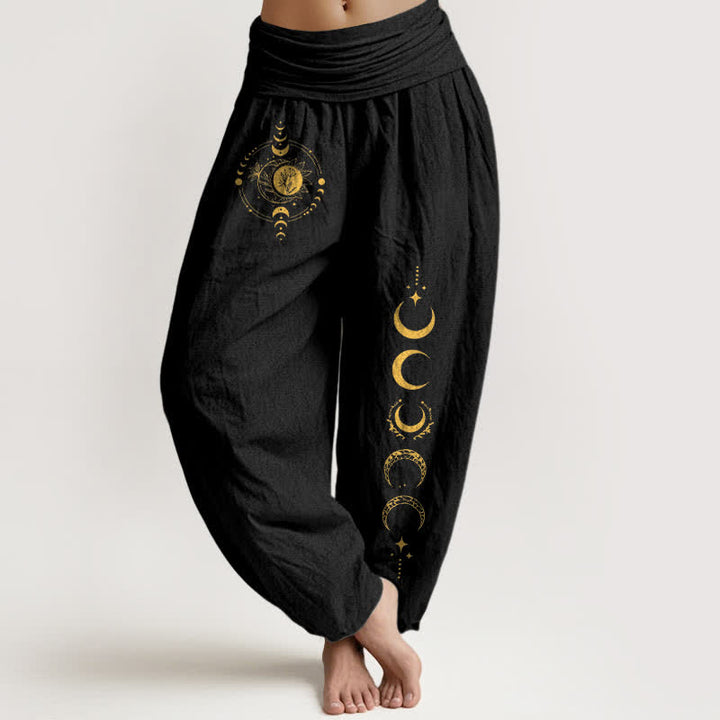Buddha Stones Pure Cotton Golden Moon Phase Pattern Women's Elastic Waist Harem Pants - Black - US16，UK/AU20，EU48 (3XL) - image 0