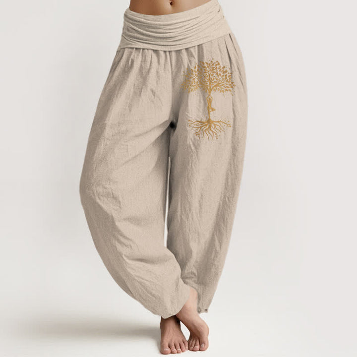 Buddha Stones Pure Cotton Golden Tree of Life Pattern Women's Elastic Waist Harem Pants - Tan - US16，UK/AU20，EU48 (3XL) - image 14