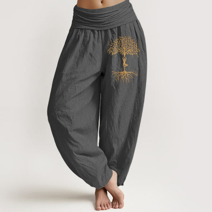Buddha Stones Pure Cotton Golden Tree of Life Pattern Women's Elastic Waist Harem Pants - DimGray - US16，UK/AU20，EU48 (3XL) - image 8