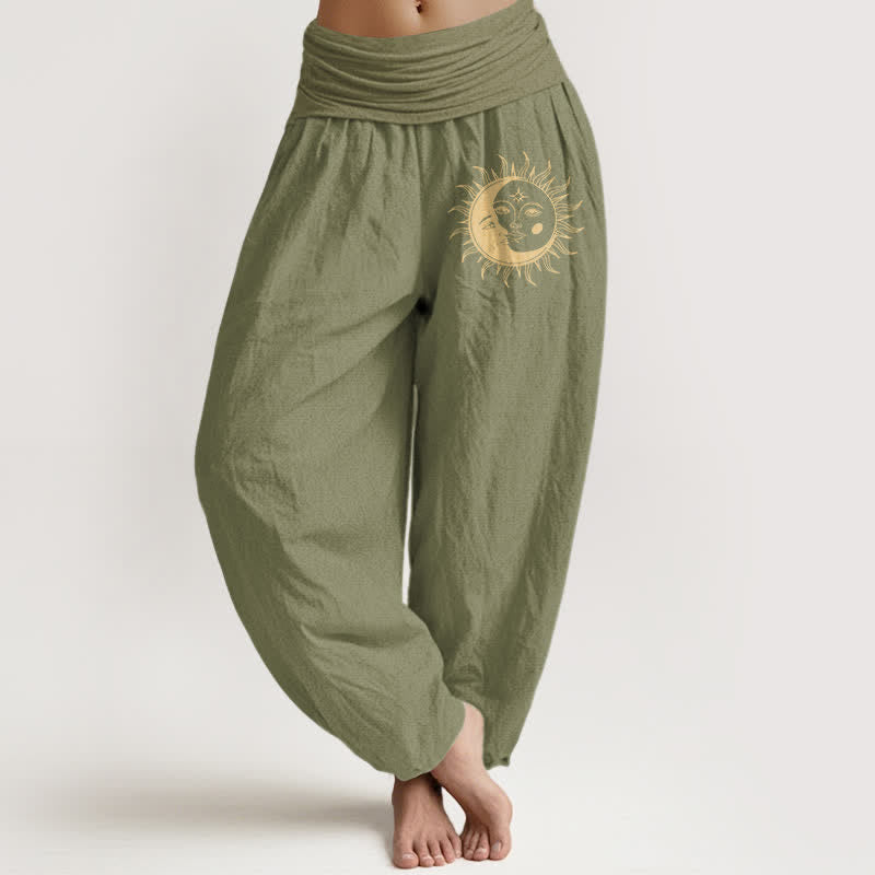 Buddha Stones Pure Cotton Golden Sun Moon Pattern Women's Elastic Waist Harem Pants - OliveDrab - US16，UK/AU20，EU48 (3XL) - image 11