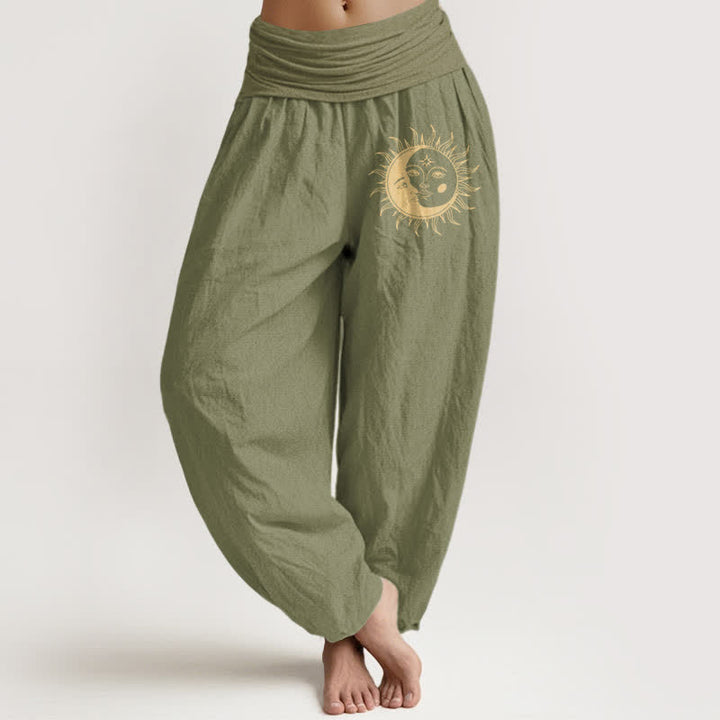 Buddha Stones Pure Cotton Golden Sun Moon Pattern Women's Elastic Waist Harem Pants - OliveDrab - US16，UK/AU20，EU48 (3XL) - image 11