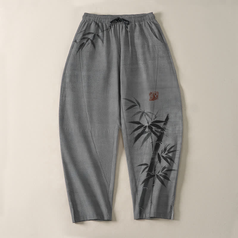 Buddha Stones Pure Cotton Ink Bamboo Pattern Drawstring Men's Tapered Pants With Pockets - image 2
