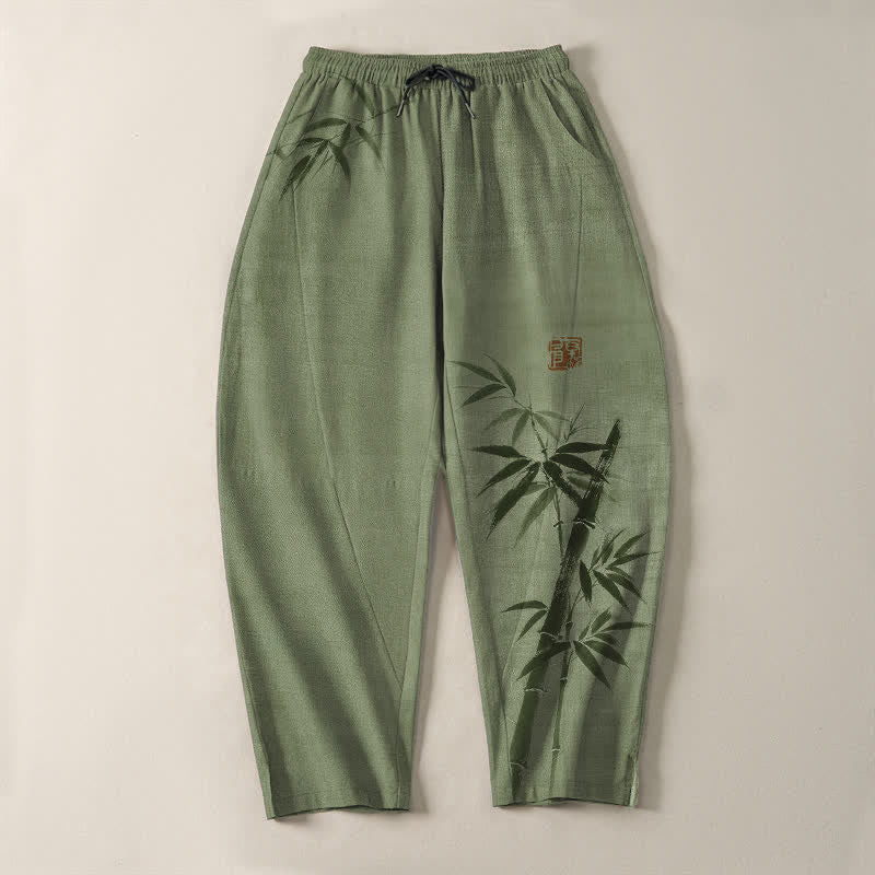 Buddha Stones Pure Cotton Ink Bamboo Pattern Drawstring Men's Tapered Pants With Pockets - image 9