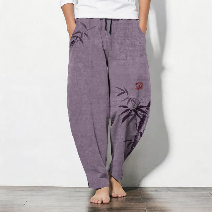 Buddha Stones Pure Cotton Ink Bamboo Pattern Drawstring Men's Tapered Pants With Pockets - Thistle - US/UK/AU50，EU60 (5XL) - image 11