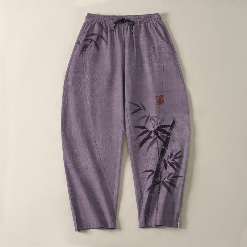 Buddha Stones Pure Cotton Ink Bamboo Pattern Drawstring Men's Tapered Pants With Pockets - image 13