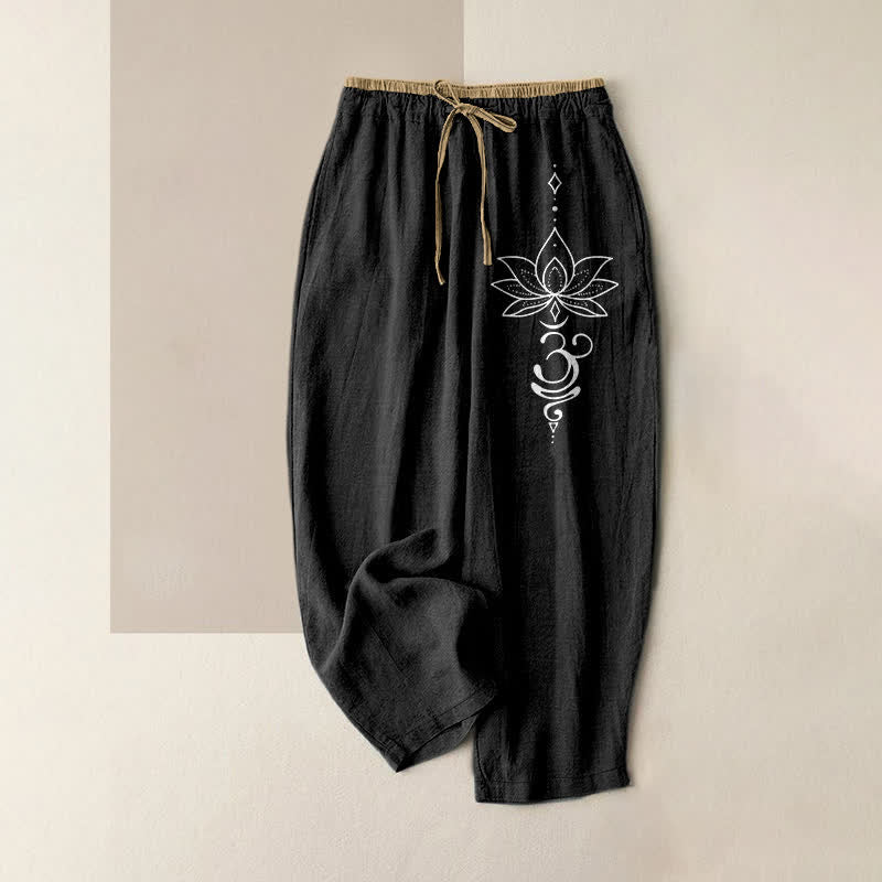 Buddha Stones Pure Cotton Zen Lotus Om Pattern Women's Elastic Waist Pants With Pockets - Black - US16，UK/AU20，EU48 (3XL) - image 0