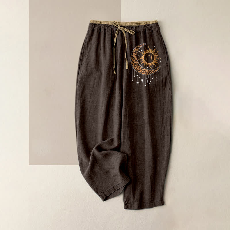 Buddha Stones Pure Cotton Celestial Sun Moon Pattern Women's Elastic Waist Pants With Pockets - SaddleBrown - US16，UK/AU20，EU48 (3XL) - image 4