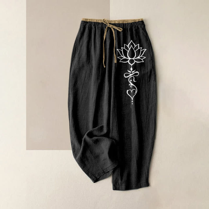 Buddha Stones Pure Cotton White Lotus Pattern Women's Elastic Waist Pants With Pockets - Black - US16，UK/AU20，EU48 (3XL) - image 0