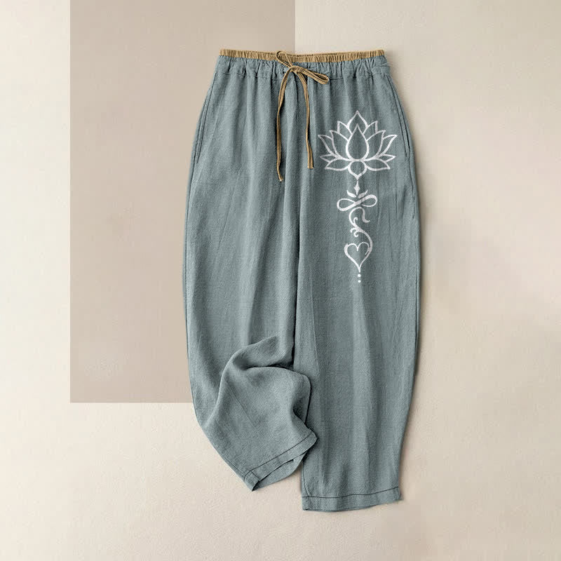Buddha Stones Pure Cotton White Lotus Pattern Women's Elastic Waist Pants With Pockets - Lightblue - US16，UK/AU20，EU48 (3XL) - image 8