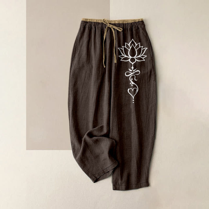 Buddha Stones Pure Cotton White Lotus Pattern Women's Elastic Waist Pants With Pockets - SaddleBrown - US16，UK/AU20，EU48 (3XL) - image 4